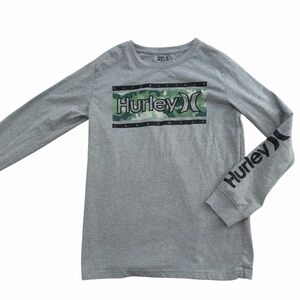 Hurley Boys Gray Long Sleeve Graphic Tee Shirt Camo Logo Youth XL 13-15